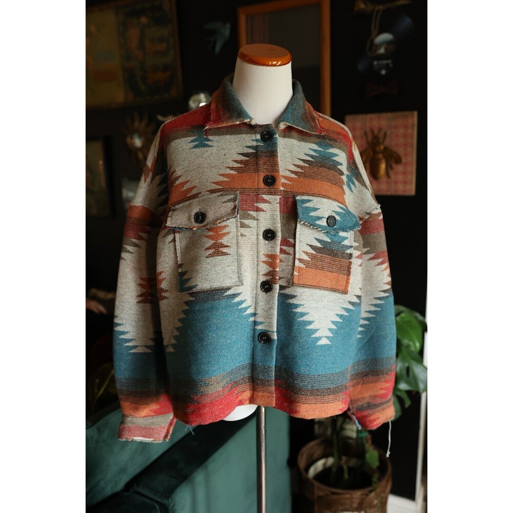 Boho Aztec Tribal Southwestern Print Shacket Yellowstone Shirt Jacket Coat L - Picture 1 of 12